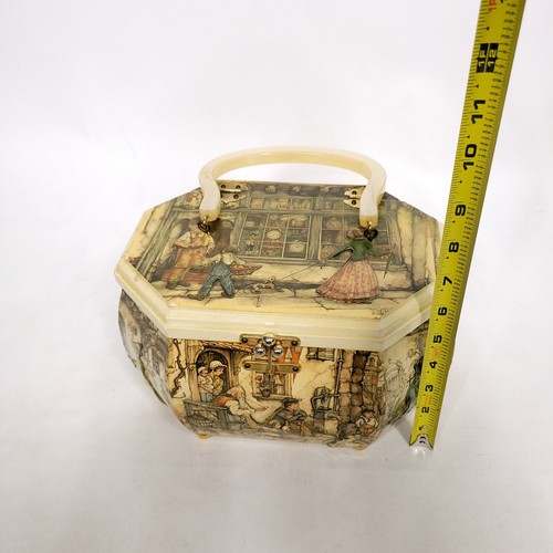 Scatola in legno vintage Anton Pieck borsa rettangolare decoupage manico lucite - Foto 13 di 22