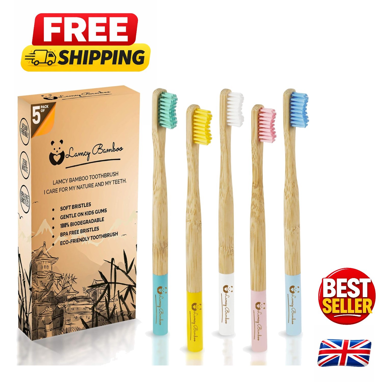 Organic Biodegradable Bamboo Toothbrush Set for Adults | 5 Count Family Pack