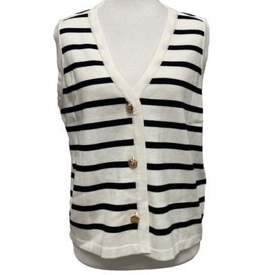 LILLUSORY Women's Striped Sweater Vest Sz L Ivory Black Gold Buttons Nautical