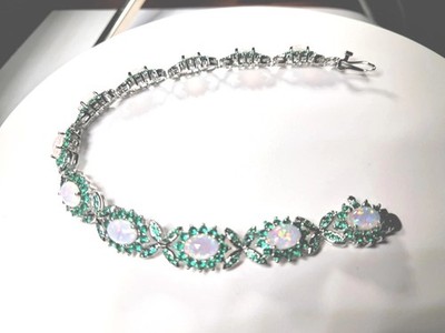 Sterling Silver Plated Fire White Opal and Green Emerald Chain Bracelet  [BRA03]