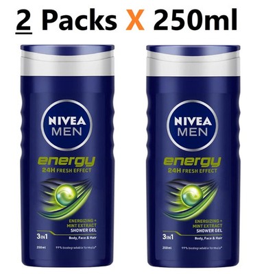 NIVEA MEN 3in1 Shower Gel, Energy 24h Fresh Masculine Scent, ( 2 Packs X 250ml )