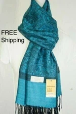 Women's Pashmina Scarf Shawl~Paisley Black,Turquoise Cashmere Silk.Soft-027
