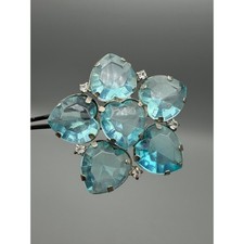 Vintage Aqua Blue Rhinestone Flower Brooch Silver Tone Large Statement Pin 1151