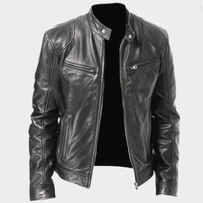 Cafe Racer Men  s Genuine Sheepskin Leather Jacket   Black Motorcycle Biker Style