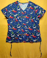 Serene Uniforms Women  s Scrub Top Christmas Santa Claus With a Unicorn  Gift XL