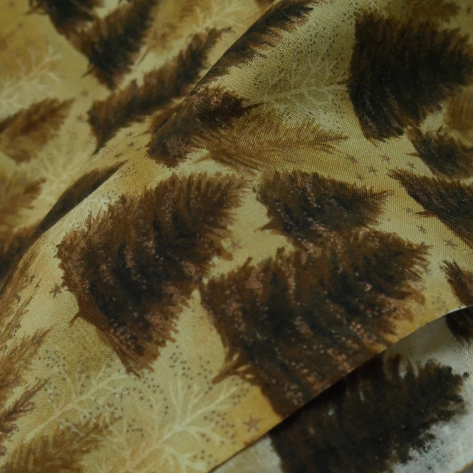 1Y Hoffman Quilt Cotton Fabric Brown Tan Tree Winter Christmas Metallic Craft - Image 3 of 4