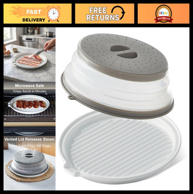 Microwave Bacon Tray with Lid - 11'' Ceramic Cooker for Crispy Bacon, Meat Rack