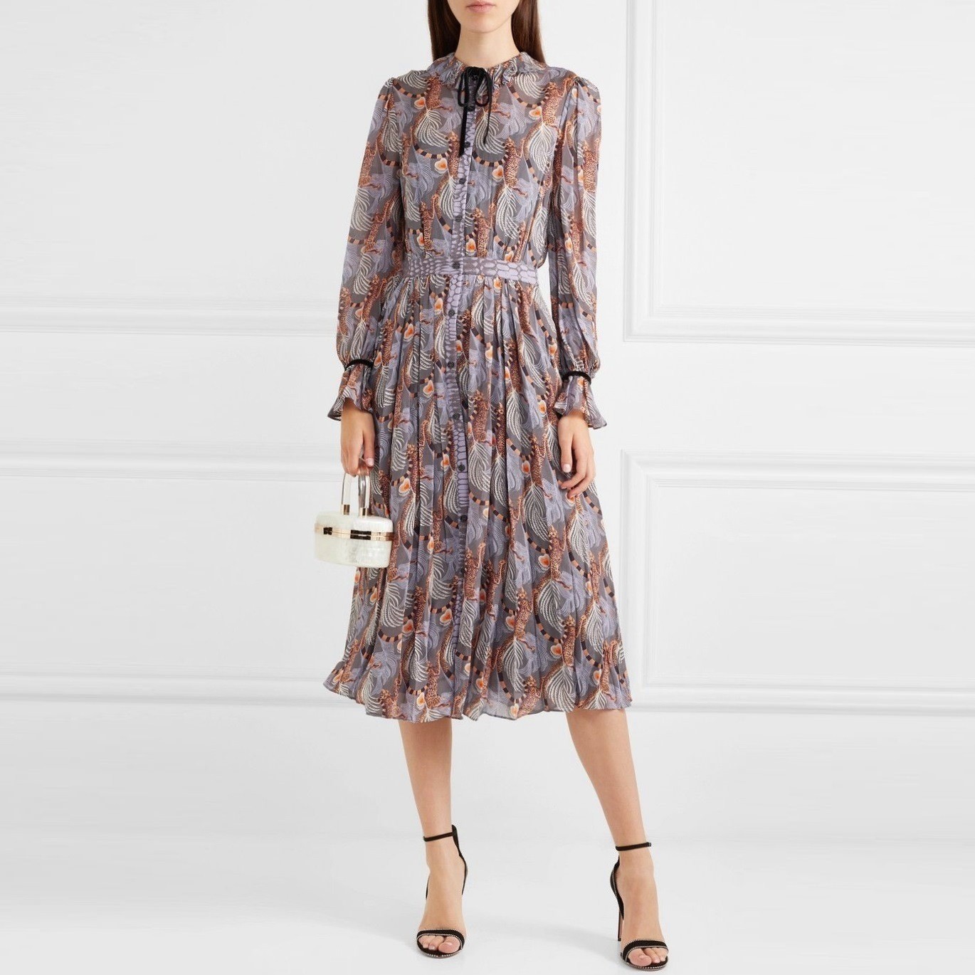 TEMPERLEY LONDON MAGGIE Cheetah Palm Heart Bow Chiffon Georgette Midi Dress Uk12 image 2