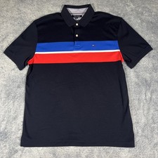 Tommy Hilfiger SS Classic Fit Polo Men's L Navy Blue w/ Chest Stripes Logo EUC