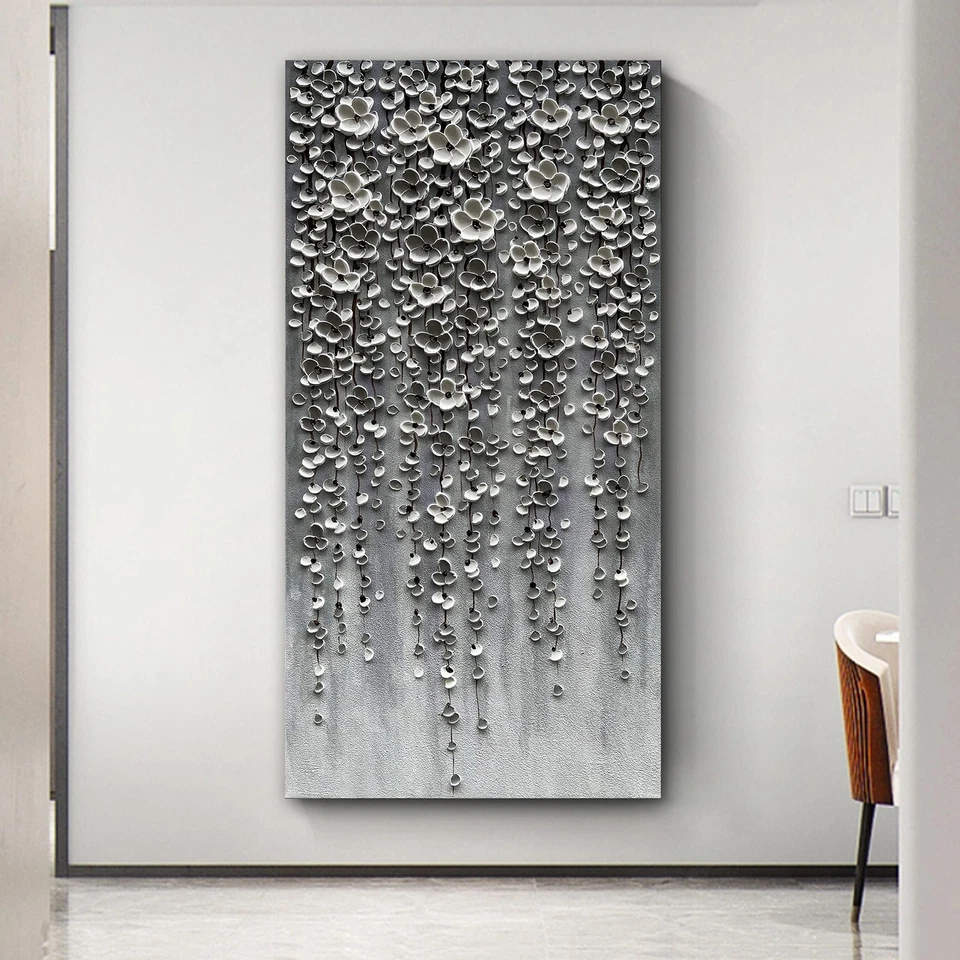 Pintura al óleo de arte moderno Epicler, pintura de arte de pared de flores blancas de 46 x 23 pulgadas,... Foto 4 de 4