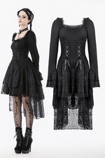 Dark In Love Women Black Romantic Gothic Lace High-Low Tiered Slim Fit Dress