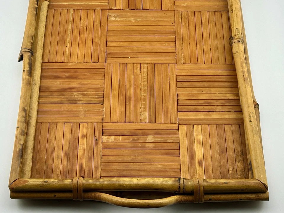 VTG Burnt Bamboo Rattan Serving Tray 11½″×9½″ Tortoise Finish Boho 1960s Tiki - Image 3 of 4