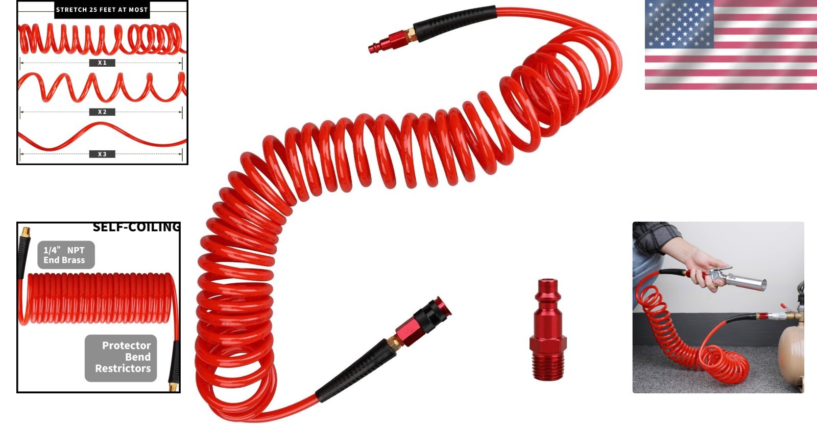 Self-Coiling 25ft Red Air Hose - Flexible Polyurethane with Quick Connect