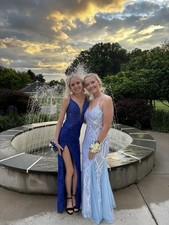 Blue Lace Formal Evening Gown with Slit, Elegant Sleeveless Floor Length Dress