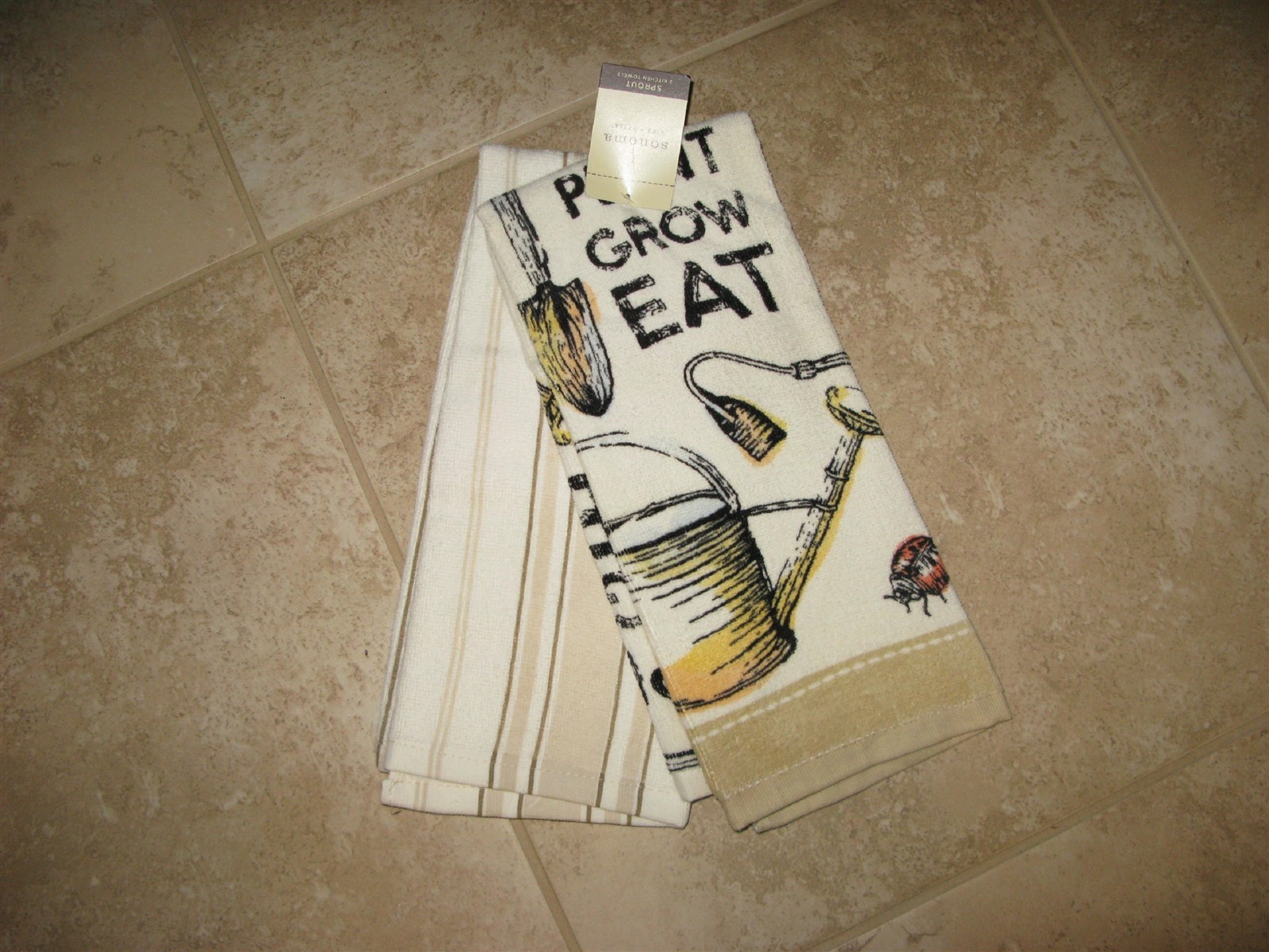 Beige & Off White Watering Can Kitchen Towels - 100% Cotton - Lot of 2 - NWT