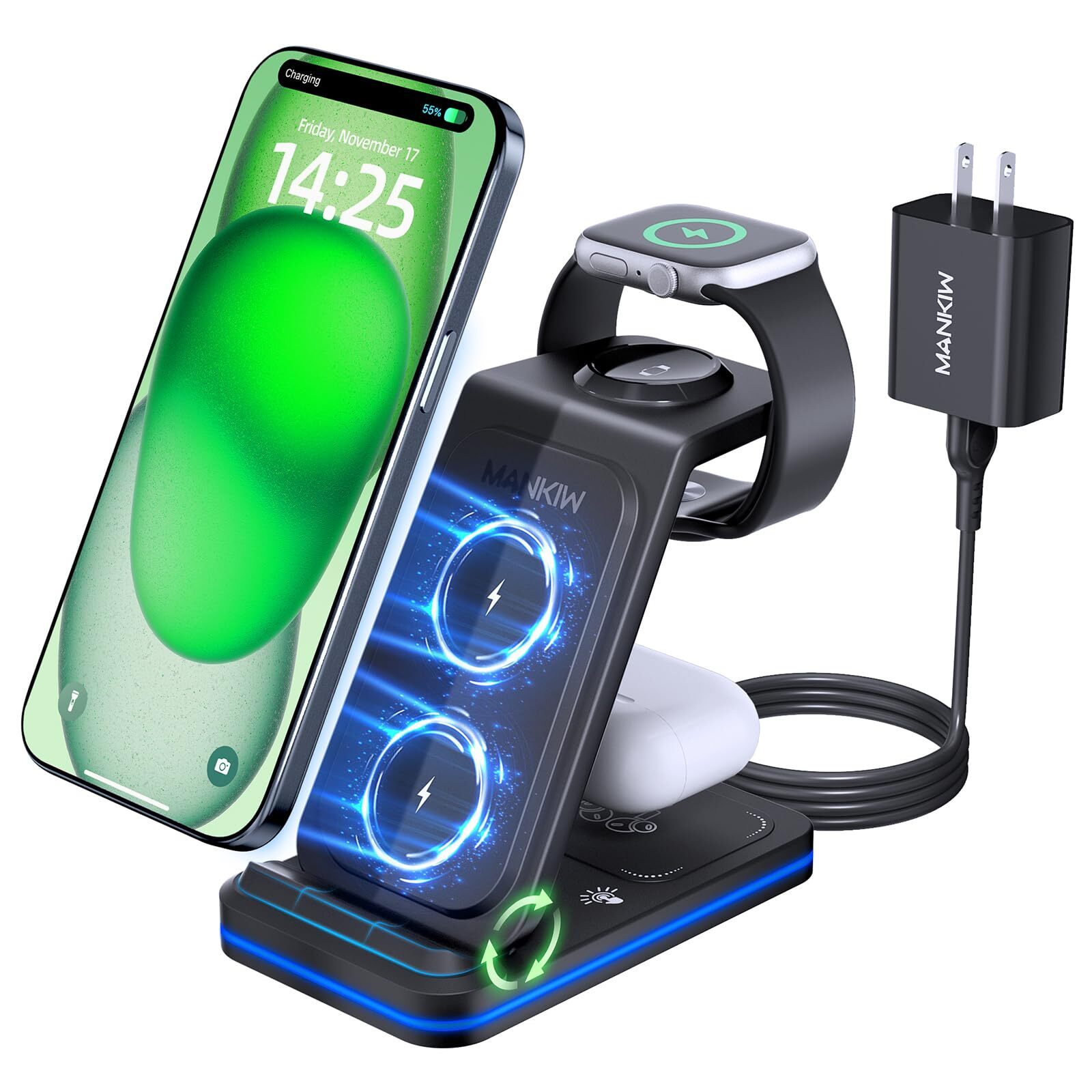 3 in 1 Charging Station for Apple,Foldable Fast Wireless Charger for iPhone T...