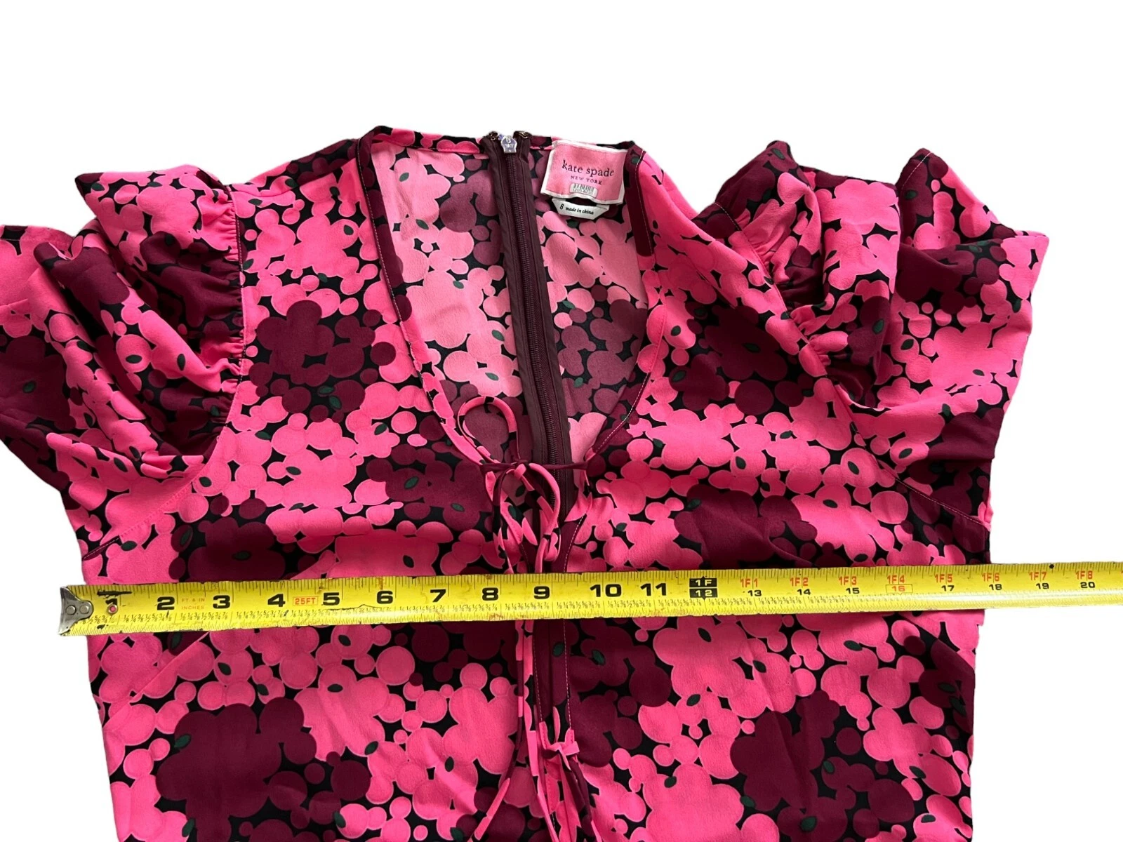 Abito donna Kate Spade 8 linee cravatta a pois a bolle davanti rosa manica a sbuffo lunghezza ginocchio