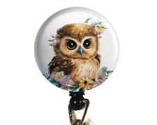 Cute ID Nurse RN Retractable Badge Reel ID Holder - Baby Owl with Floral