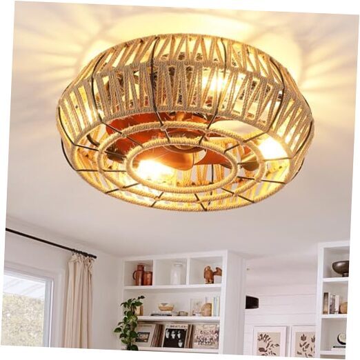 Caged Ceiling Fans with Lights, Flush Mount Enclosed Ceiling Fan Light Boho