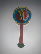 Vintage NOS Native American Chief Tin Rattle Noisemaker Whistle Japan