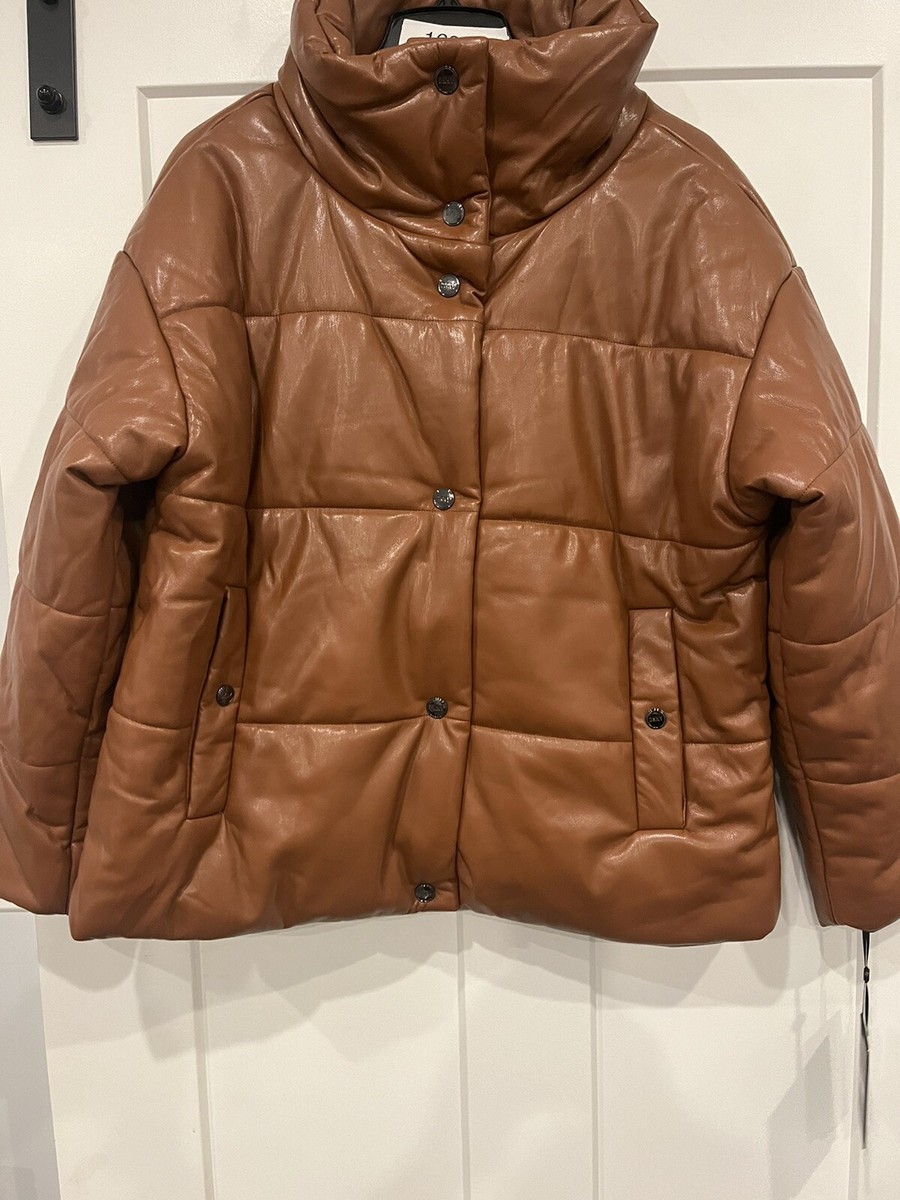 DKNY Womens Faux-Leather Snap Puffer Coat Large Cognac Brown