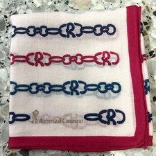 MAN HANKY PINK BLUE CHAINS MONOGRAM CLASSIC COTTON VTG POCKET ART SQUARE 18 R7