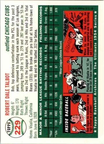 1994 TOPPS ARCHIVES - 1954 TOPPS - #229 BOB TALBOT - CUBS - - Picture 2 of 2