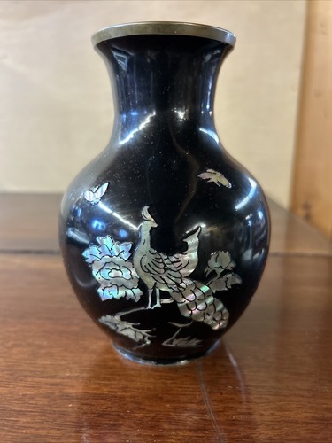Chinese Black Enamel Vase With Mother Of Pearl Inlay PEACOCKS FLOWERS BUTTERFLY