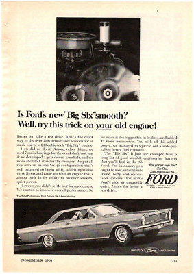 1964 Print Ad '65 Ford Galaxie 500 2-door Hardtop ''Big Six'' Smooth Car Auto