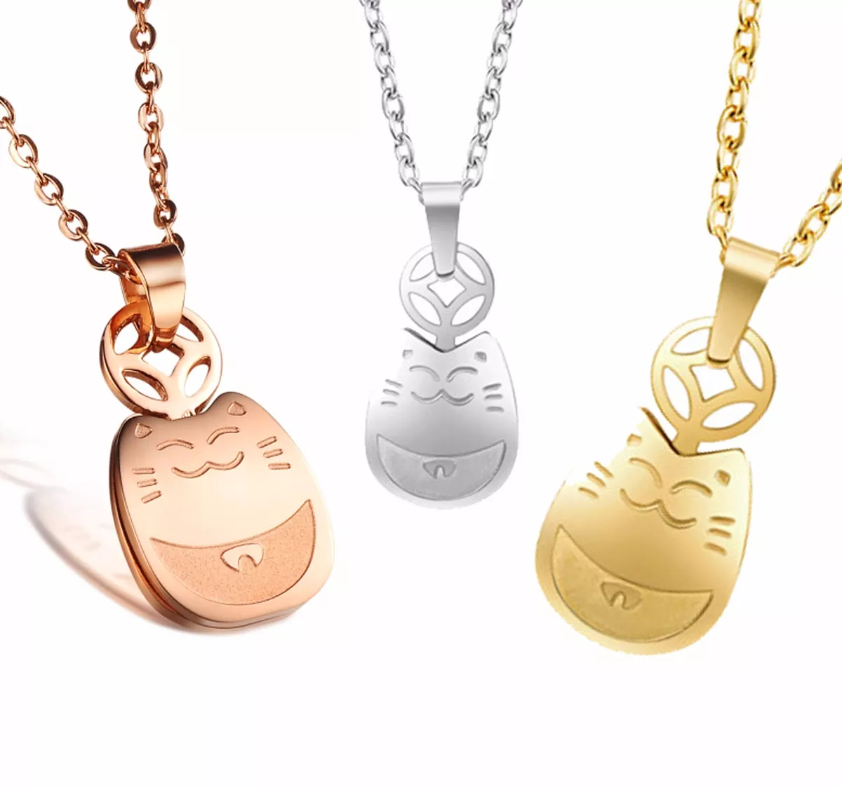 Lucky Cat Maneki Neko Platinum Gold Rose Gold Plated Steel Pendant Necklace