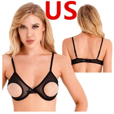 US Womens Sheer Mesh Bra Lingerie See Through Hollow Open Front Straps Bralette