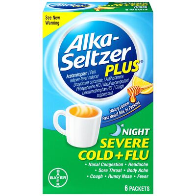 Alka Seltzer Plus Severe Cold Flu Night Powder Honey Lemon 6 Pack