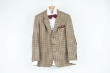 DAKS Signature Check Khaki Green Silk Wool Blazer, US 44, EU 54