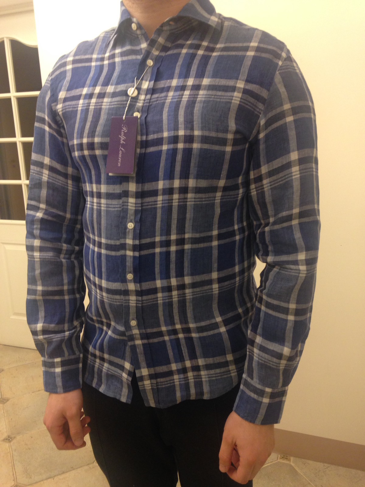 Man Ralph Lauren Blue Checked Linen Shirt Purple Label Collection Sz M RRP £350 image 2