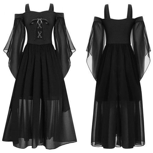 Girls Medieval Renaissance Princess Cold Shoulder Gothic Victorian Maxi AU - Picture 49 of 60