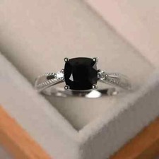Black Onyx Cushion Cut Lab-Created Three Stone Ring 14K White Gold Plated 2.20Ct