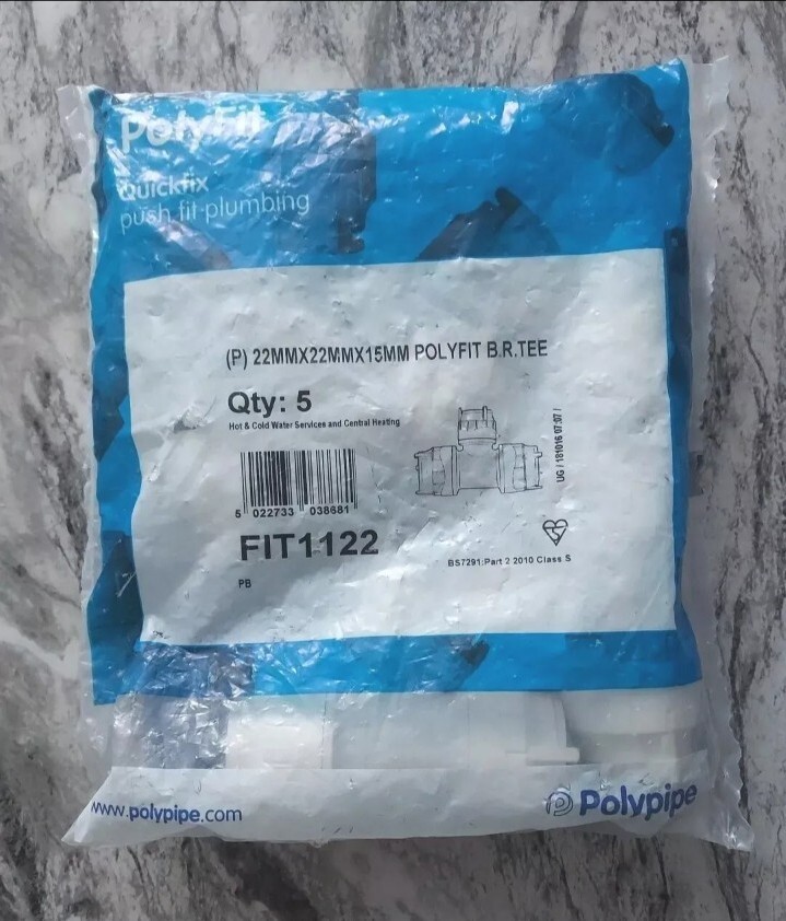5 x PolyFit Push Fit Plumbing Tee Reducing  22mm x 22mm x 15mm - FIT1122