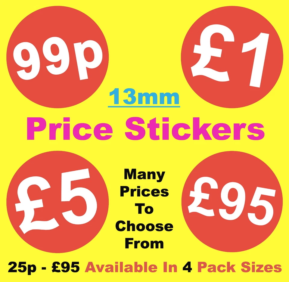 PRICESTICKERS 13mm Bright Red Price Point Stickers / Sticky Labels / Swing Tag Sticky Labels