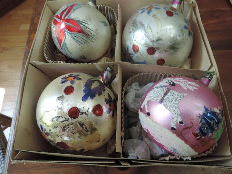 4 VINTAGE MERCURY GLASS CHRISTMAS ORNAMENTS~JUMBO SIZE~POLAND~SANTA