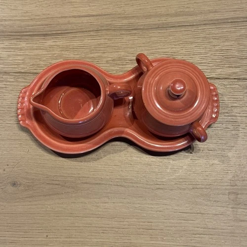 Coral Fiestaware HLC Cream & Sugar W/ Tray Lid Fiesta 4 Piece Creamer Set