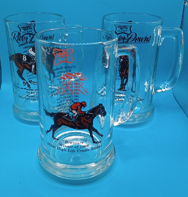 Vintage River Downs Miller High Life Glass Mugs Set of 3 Excellent Shape 
