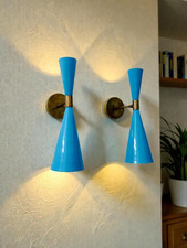 Mid Century Italian Brass Wall Lamp: Blue Sconce Lighting Set of Two Gift Item