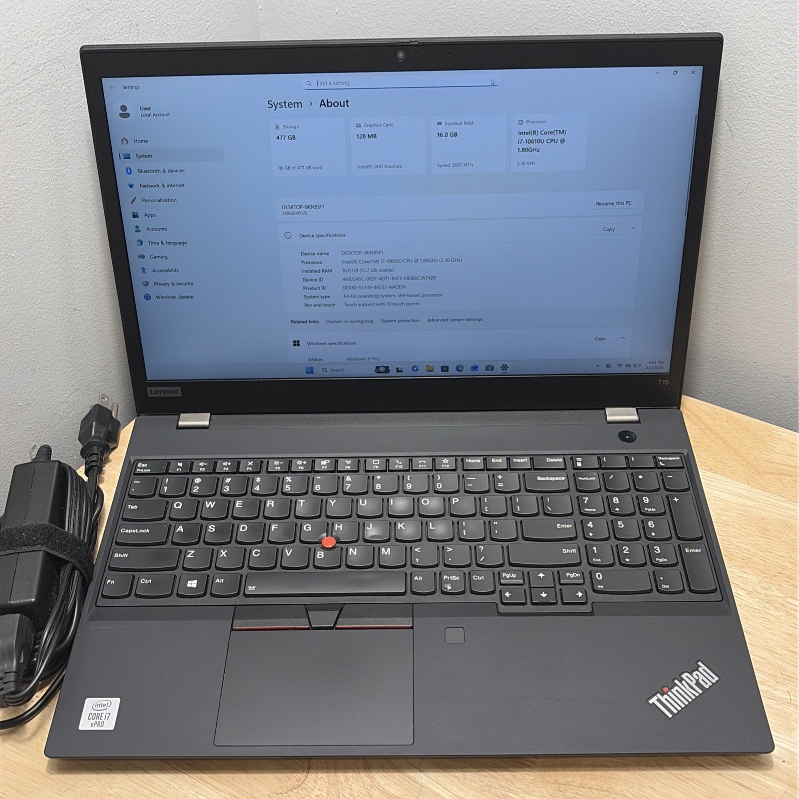 Lenovo ThinkPad T15 Gen 1, 15.6-Inch Laptop, with i5, 512 GB SSD, Windows 11 Pro