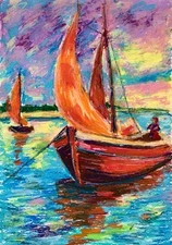 Original painting in oil pastel. Landscape With Boats. Handmade.
