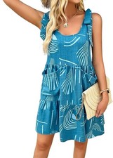 Women’s Boho Floral Ruffle Mini Dress Shoulder Tie Babydoll Blue, Size Large