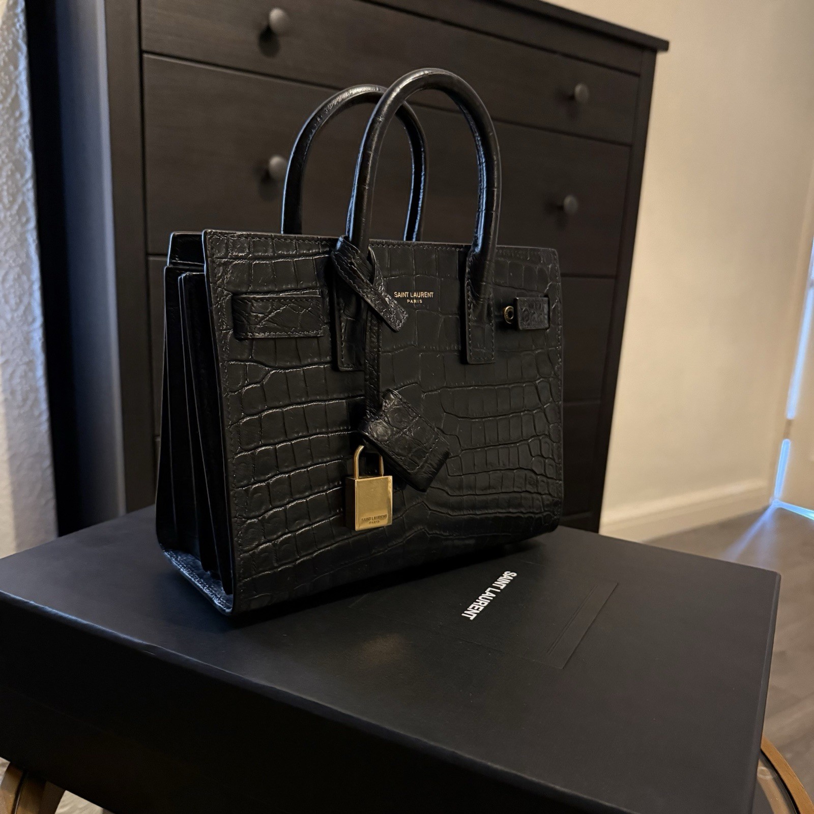 YSL Saint Laurent Sac De Jour Nano Black Croc Embossed Bag - 100% Authentic
