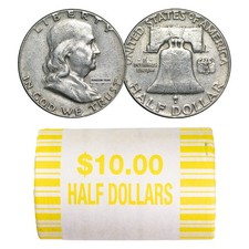 90% Silver Franklin Halves - $10 20-Coin Roll Avg Circ