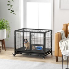 36" Dog Crate with Bowl Holder, Wheels for Med/Large Dogs, Black
