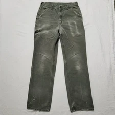 Faded Distressed Carhartt B11 Dungaree Fit  Carpentar Work Pants 32x33 Moss Gree