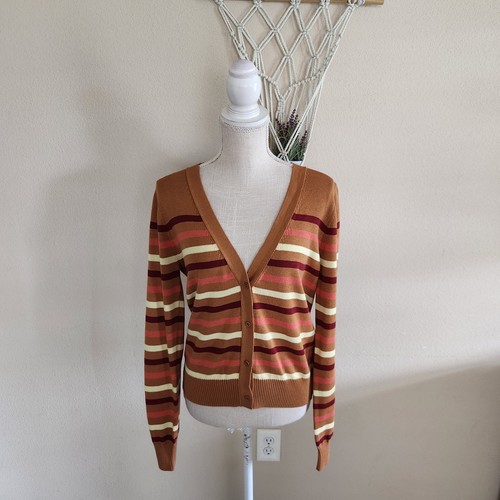 Pact Womens Warm Spice Stripe Classic Fine Knit Cardigan Sweater Size Medium NWT